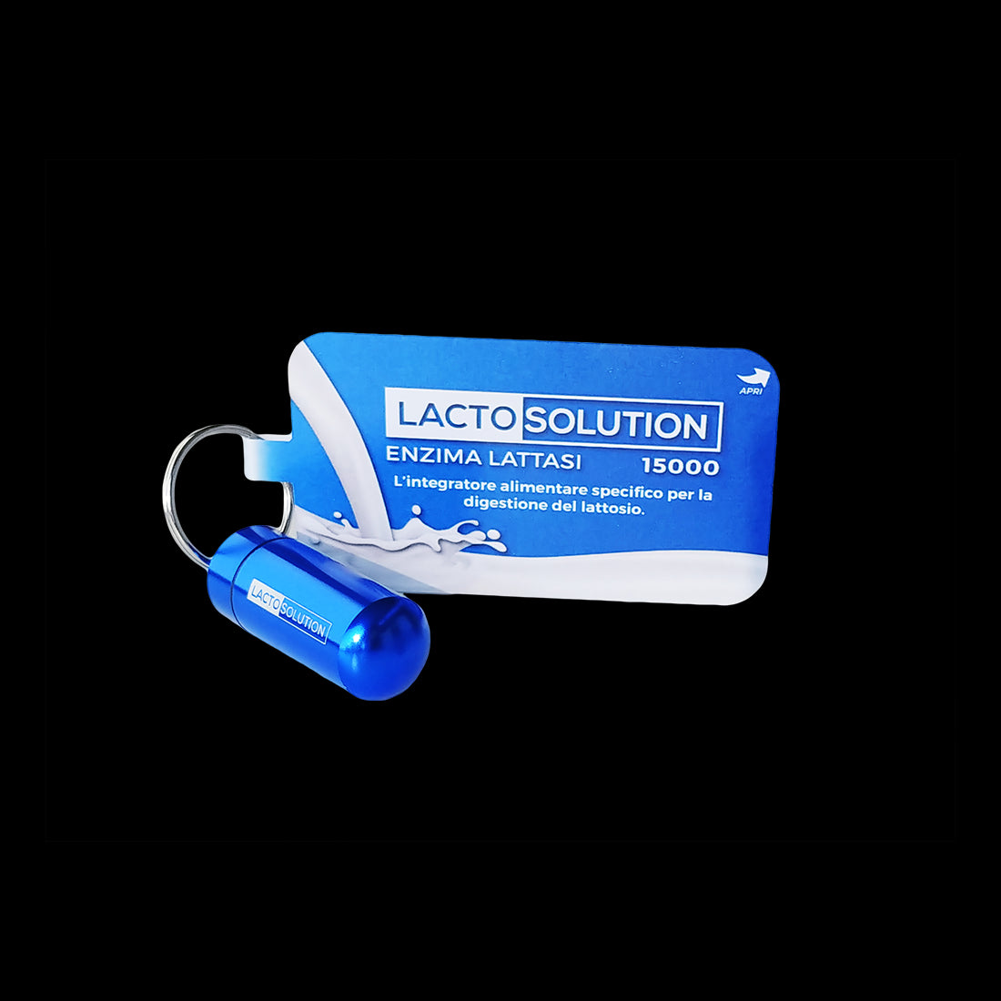 Integratore di Enzima Lattasi Lactosolution 15000 FCC Portachiavi Portapillole Blu - 15 compresse
