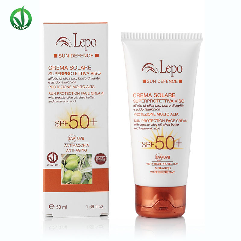 Crema Solare Superprotettiva VISO SPF 50+ LEPO all'olio di oliva bio, burro di karitè e acido ialuronico