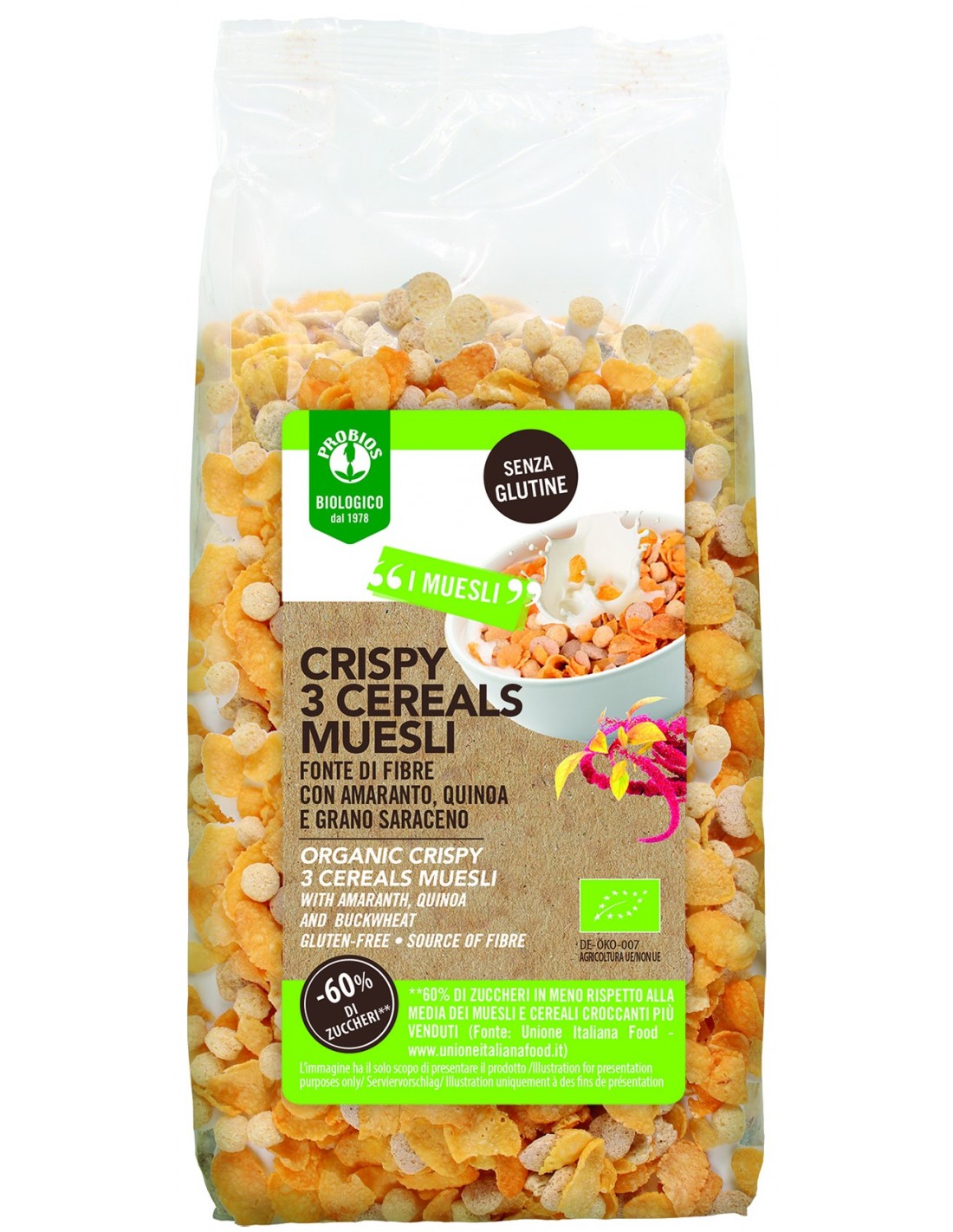 Probios Crispy 3 Cereals Muesli con Amaranto, Quinoa e Grano Saraceno